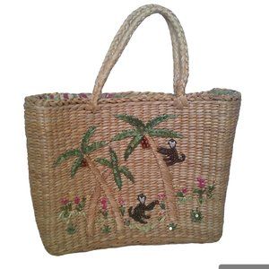 Straw Rattan Woven Monkey Beaded Tourist Mini Tote Bag Lined Purse Carry All